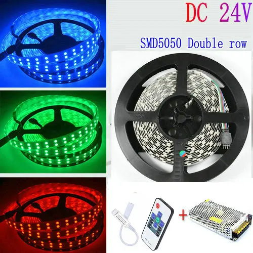 24V 5M 16.4FT 120Led/M Double Row 5050 RGB LED Strip 600Led SMD Light NON-Waterproof+RF Remote Controller+AC/DC transformer