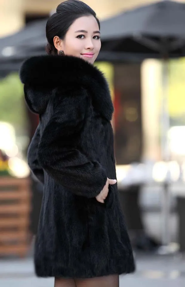 Women\'s Faux Fur Coat Winter Warm Black Imitation Fox Fur Long Round Neck Hat Temperament Young Lady 2021 New