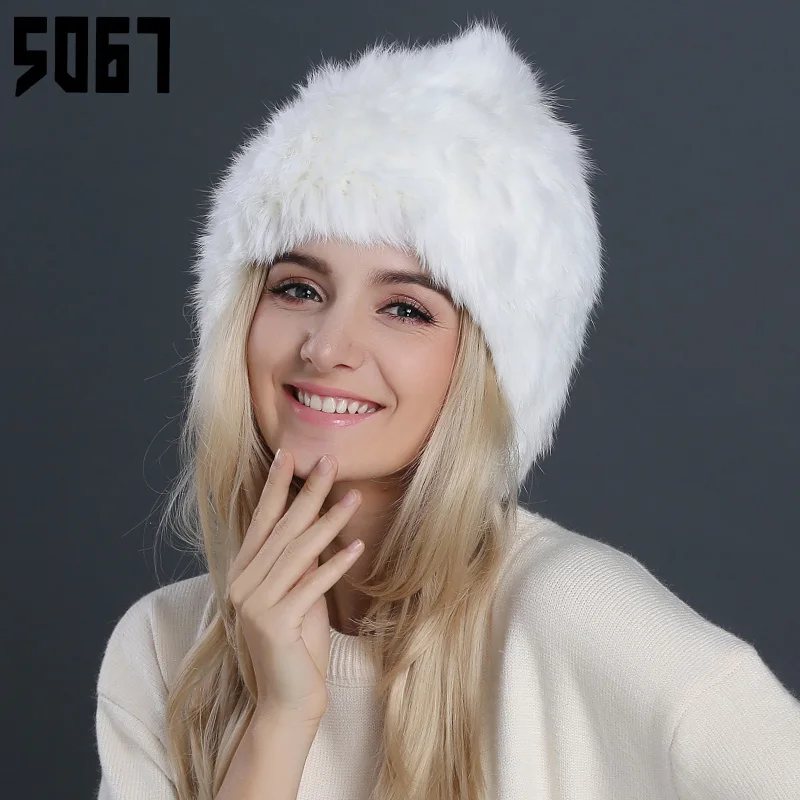 Lady Winter Warm Rabbit Hair Hat Girls Fashion Pompom Fur Cap Women's Warm Ears Production Thickened Knitted Hat Adjust A52