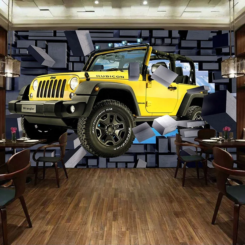 Custom Mural Wallpaper 3D Cartoon Jeep Car Broken Wall Fresco Restaurant Cafe Boy Kids Bedroom Backdrop Wall Home Decor Sticker