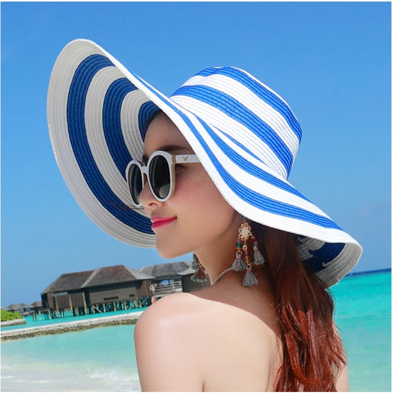 summer stripe straw hat women big wide brim beach hat sun hat foldable sun block UV protection panama hat bone chapeu feminino