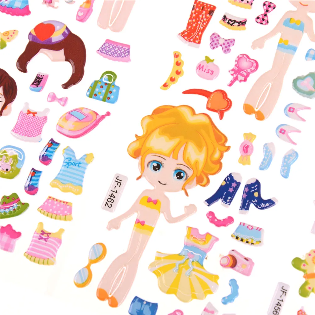 5 sheets Cartoon Beauty Dress Up Little Girl Loves PVC Stickers Lovely Kids Dress Up Stickers For girl toys gifts