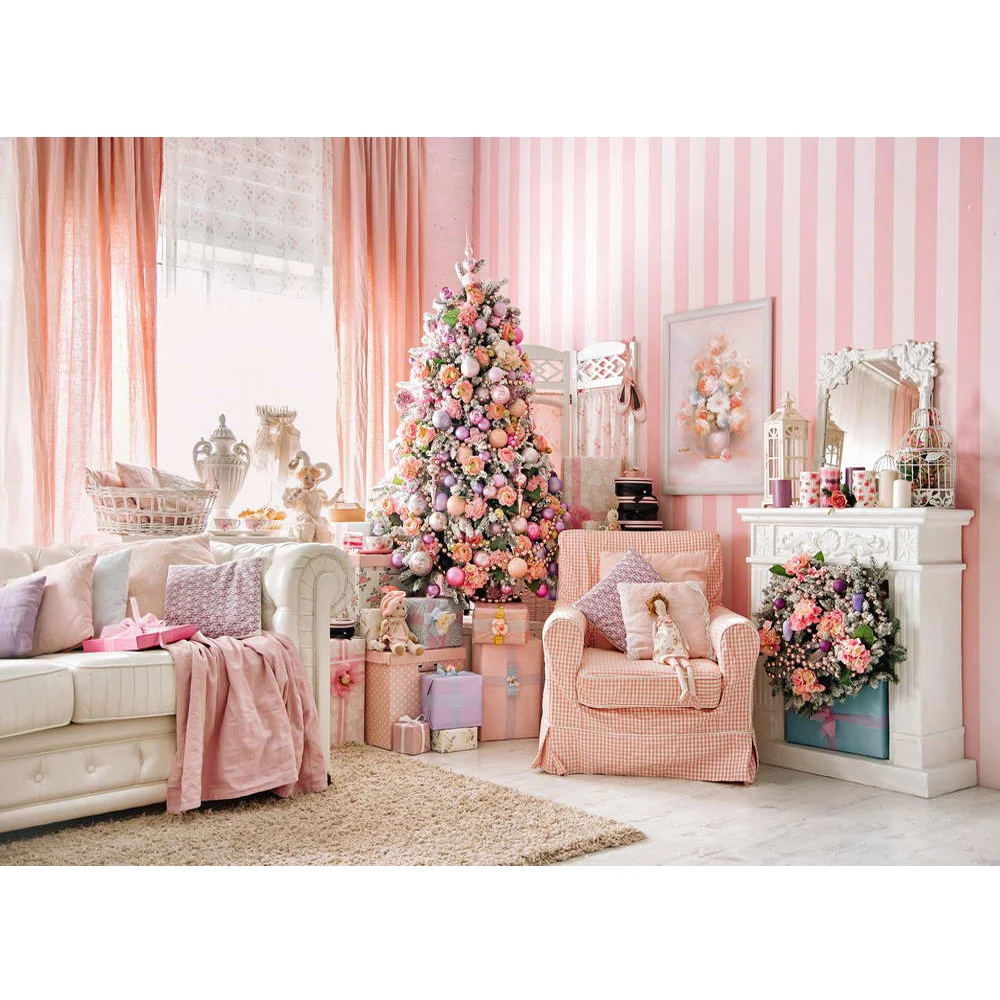 

Indoor Xmas Party Photo Booth Background Printed Christmas Tree Pink Home Decoration Princess Girl Kids Photography Backdrops