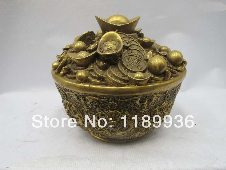 Chinese Pure Brass Copper Fengshui Lucky Money Yuan Bao Dragon Treasure Bowl