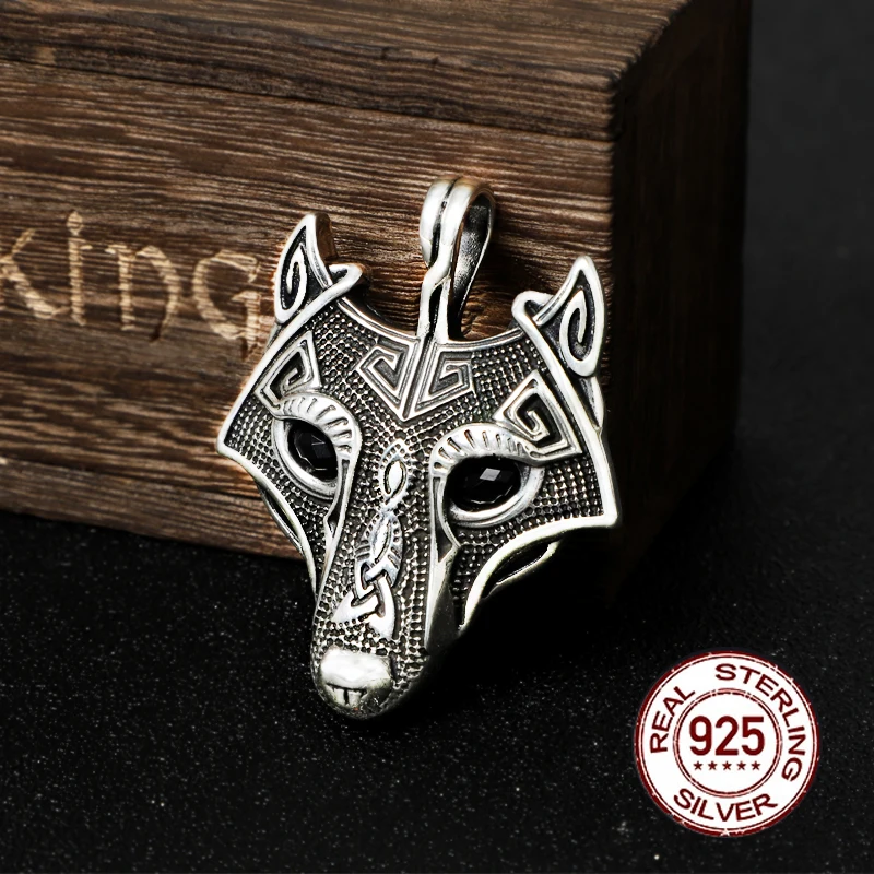 925 Sterling Silver Norse Odin Wolf Pendant necklace with cow leather and keel chain and vintage Viking Jewelry Box as gift