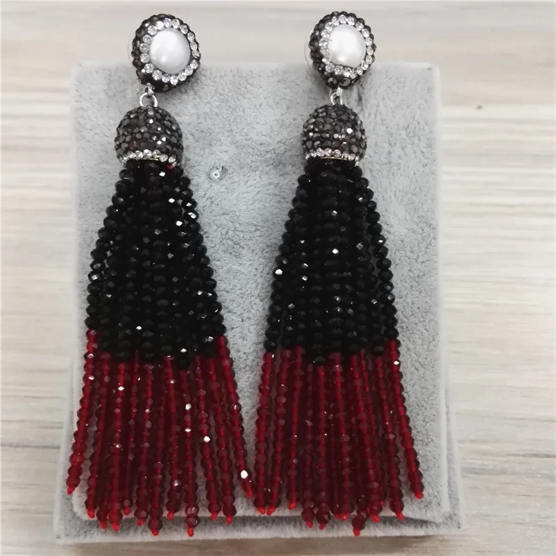 Bohemia Wedding Party Statement Jewelry 2mm Wine Red Black Beads 12 Rows Joint Combine Beaded Tassels Dangle Earrings For Women