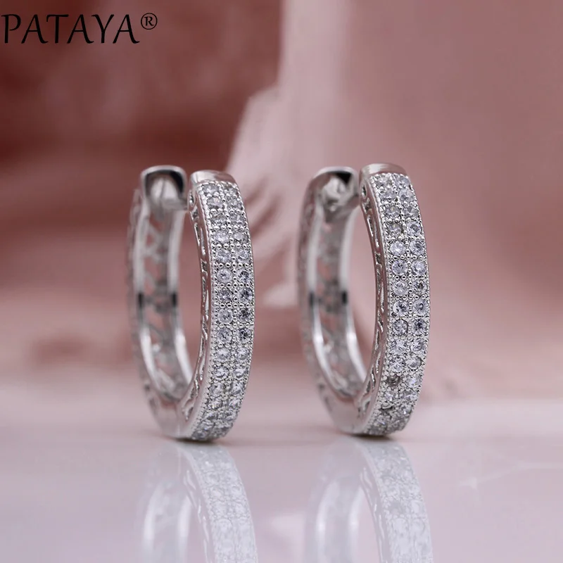PATAYA New White Gold Color Round Natural Cubic Zirconia Dangle Earrings Women Gift Fashion Jewelry Hollow Small Circle Earrings