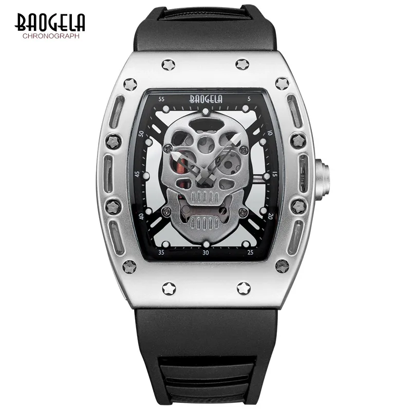 Baogela Mens Fashion Military Silicone Strap Rectangle Dial Skull Face Sport Quartz Wrist Watches BGL1612G-1