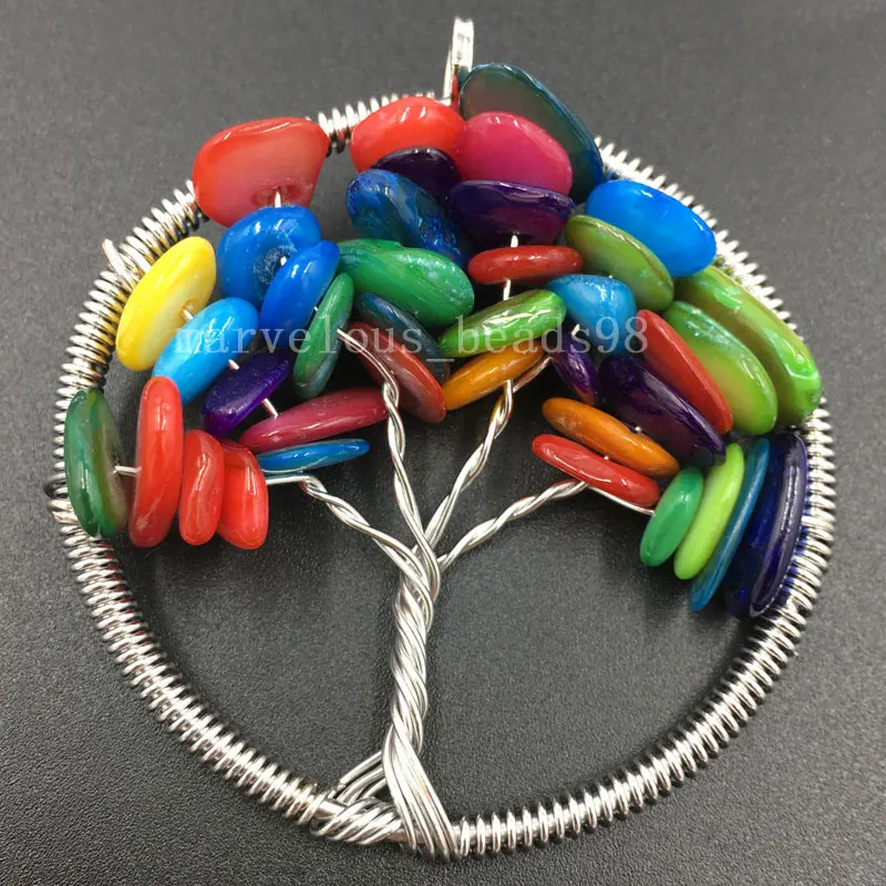 Beautiful jewelry 49mm Tree of life - Mulitcolor Mother of pearl Shell Wire Wrap Round Pendant Bead PC6185