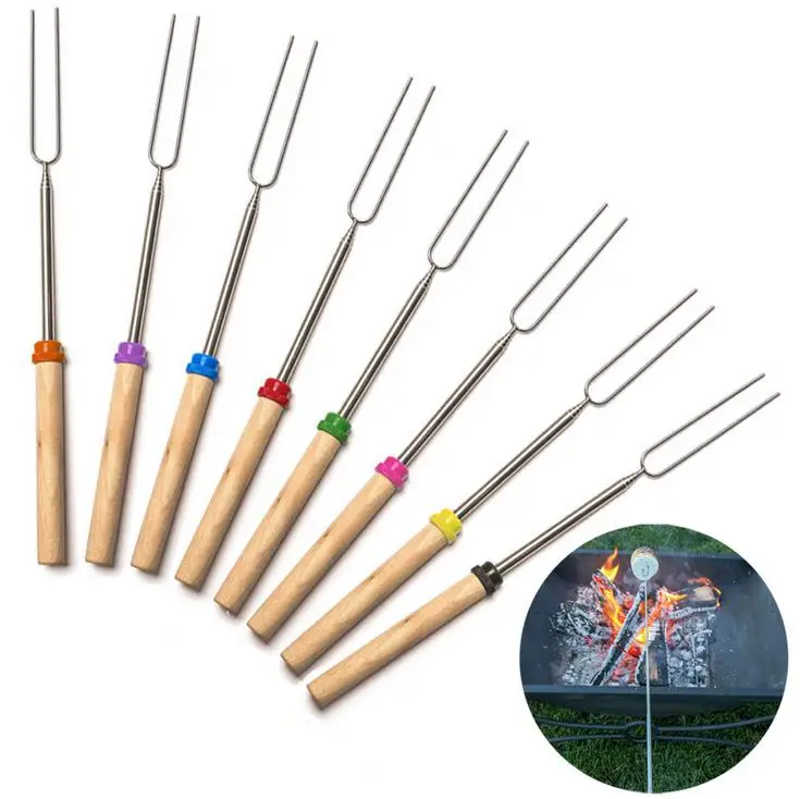 Camping Campfire corn Hot Dog Telescoping Barbecue Roasting Fork Sticks Skewers BBQ forks (random color)