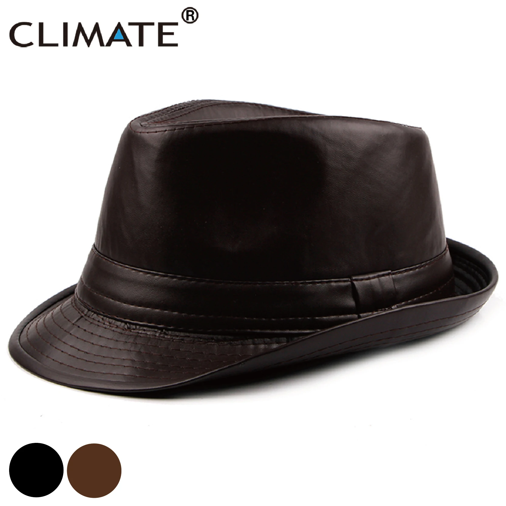 CLIMATE Men PU Fedora Jazz Hat Formal Hats for Man Men Solid Warm Fedoras Cap Black Coffee PU Leather Cap Hats Fedora Men Hat