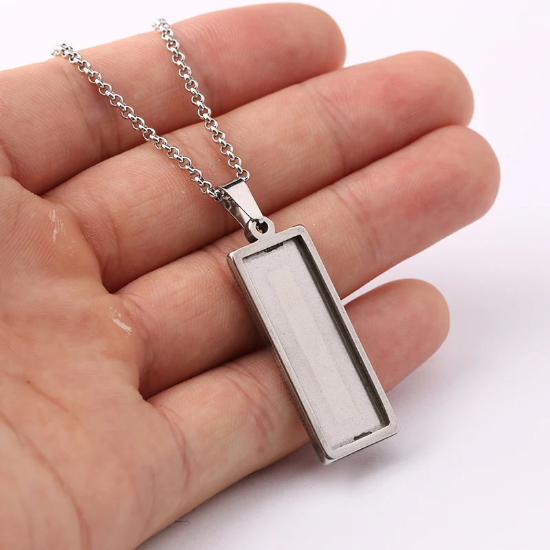 onwear 5pcs stainless steel pendant cabochon base settings 10x30mm rectangle necklace bezel tray blanks with chain diy findings