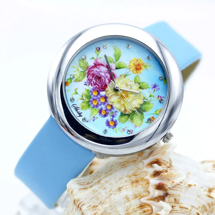 Shsby Brand flowers Leather Strap Watches Women Dress Watch Fashion girl Casual Quartz Watch Ladies Rhinestone Quartz Watch gift