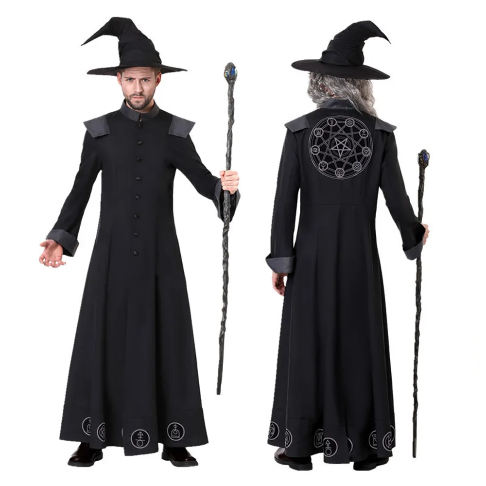 Purim Carnival Halloween Costumes Skull Wizard Magician Costume for Men Witch Cosplay for Women Fancy Cosplay Robe Gown