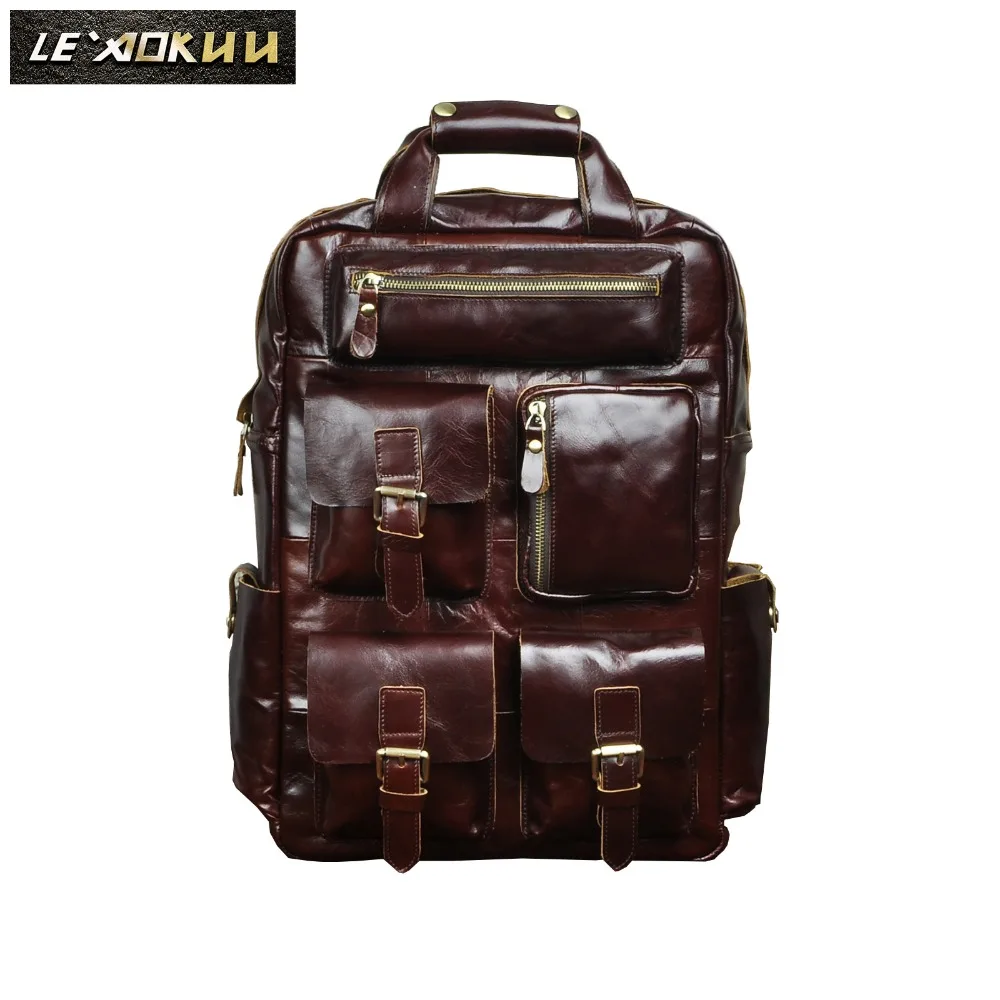 Genuine Leather Heavy Duty Design Men Travel Casual Backpack Daypack Fashion Knapsack College School Book Laptop Bag Male 1170-c