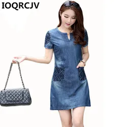2022 New Summer Women Denim Dresses Short Sleeves Loose Vintage Dresses Pocket Fashion Cowboy Dress Vestidos S-5XL 808