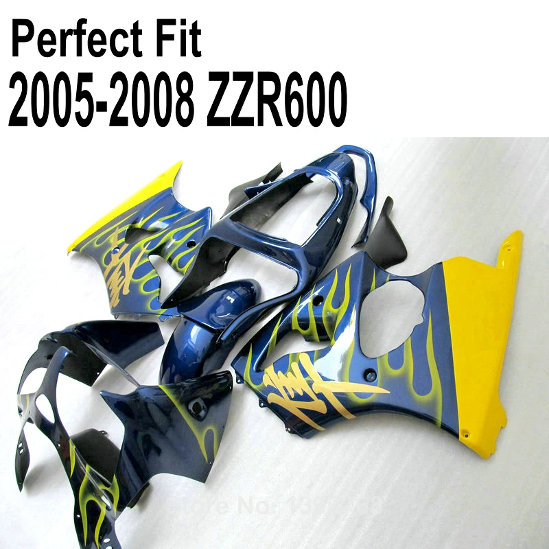 Yellow flames blue ABS fairing kit for Kawasaki ZZR600 zz r600  2005 2006 2007 2008 05 06 07 08 2006 06 fairings TP109