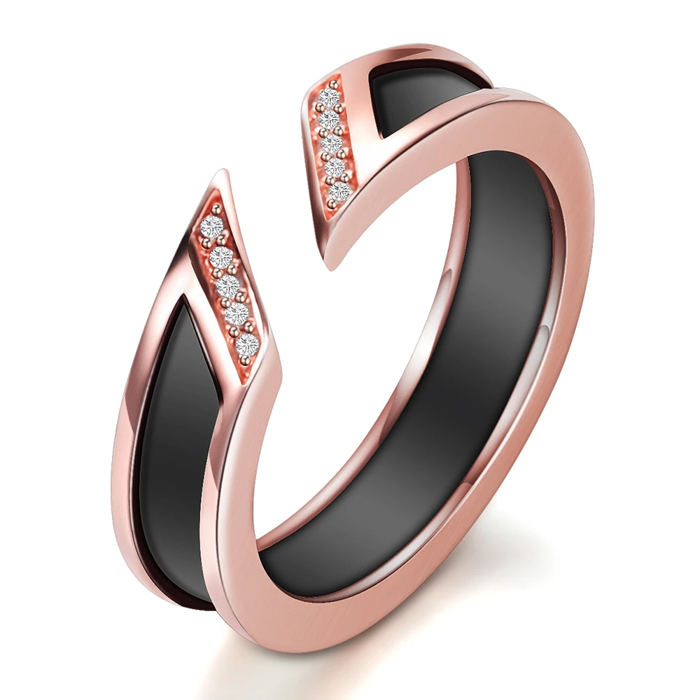 White Ceramic Ring With One Row Australia Zircon Channel Setting Rose-gold color Metal Wedding Open Rings for Women