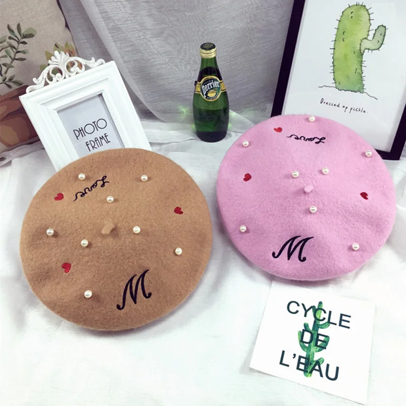Japanese soft sister embroidery letters pearl wool beret painter cap baked wheat cake cap warm buds hat girl autumn and winter68