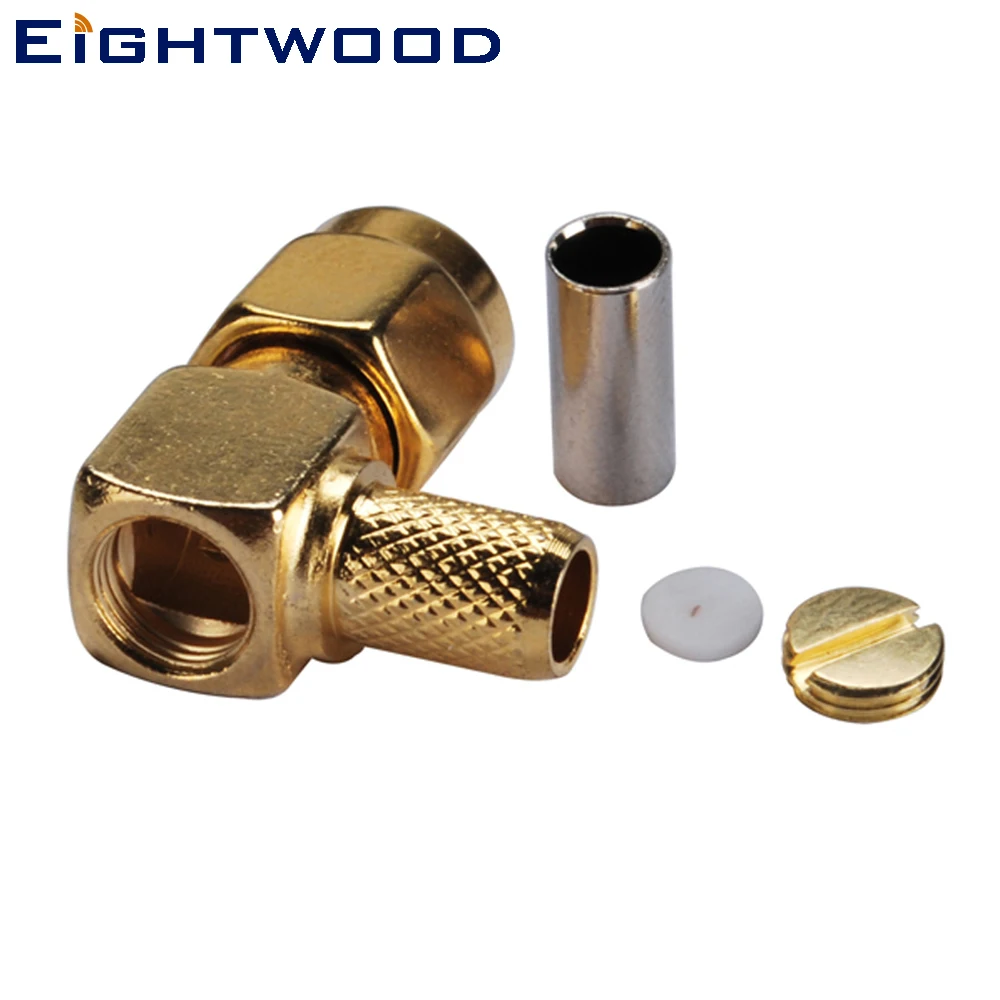 Eightwood 5PCS RP SMA Crimp Jack Male RF Coaxial Connector Adapter Right Angle for LMR-195 RG142 RG400 RG58 Cable