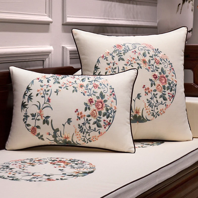 Cushion Cover Decorative Pillows Chinese Cotton Linen High Needle Embroidery Flowers Group Coussin Cojines Decorativos Para Sofa