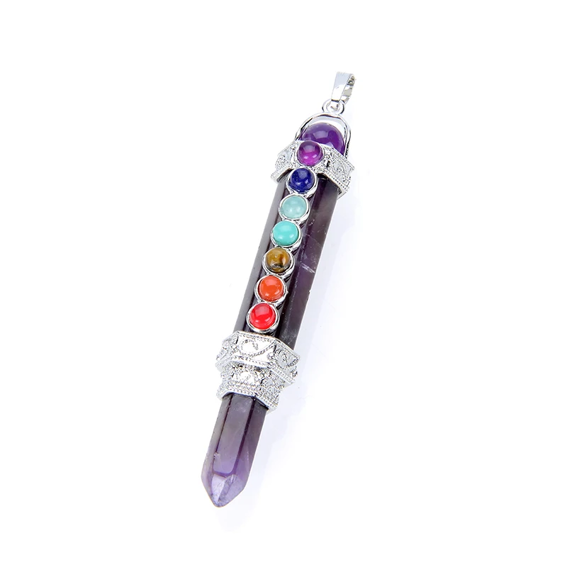 Silver Plated Natural Stone Amethysts Pink Crystal Pendulum Charms Necklaces Reiki Healing 7 Chakra Beads Pencil Point Pendants