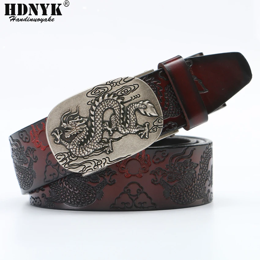 Hot China Dragon Designer Belt Men Cowskin Genuine Luxury Leather Men\'s Belts for Men Carving Dragon Pattern Automatic Buckle