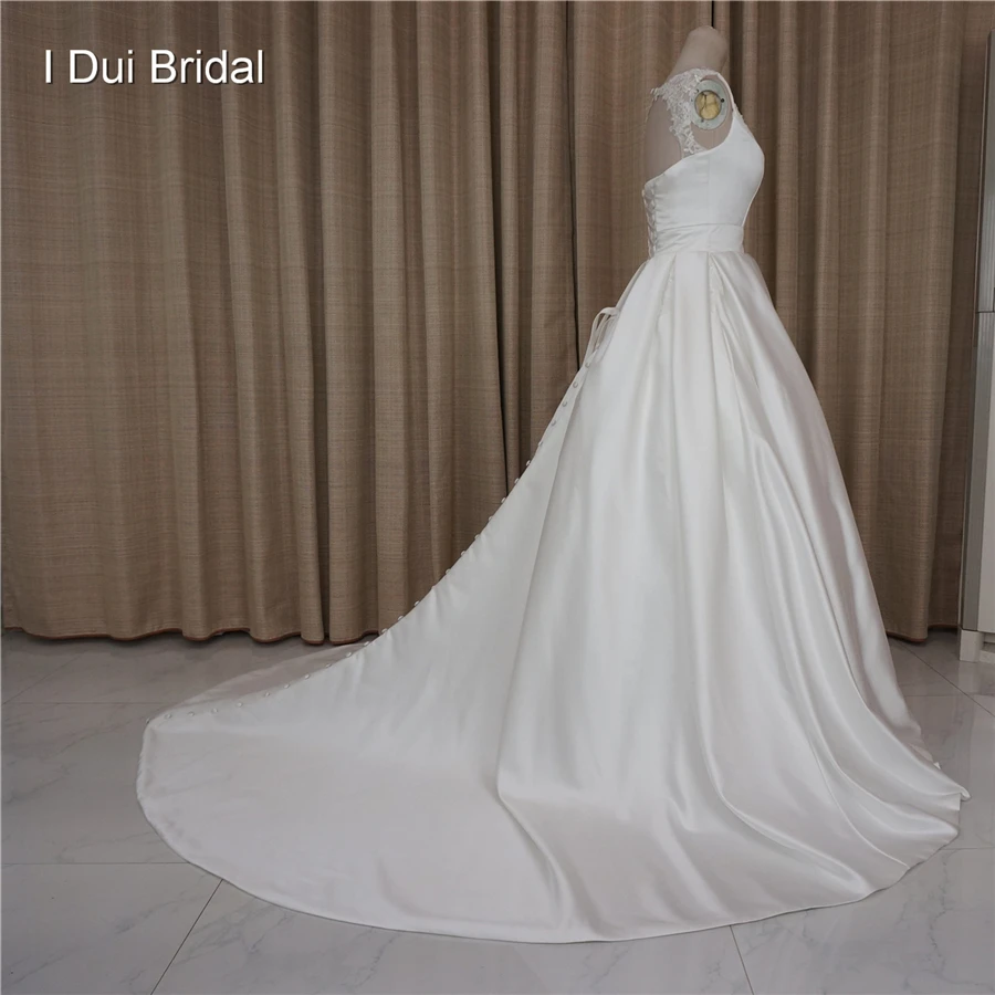 Wedding Dresses Illusion Tulle Lace Neckline Satin Elegant Lace Up Back Chapel Train Factory Custom Make Real Photo image 2