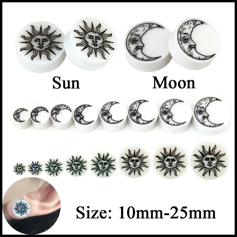 Pair Sun & Moon Engrave Plugs Acrylic Carved Logo Double Flare Saddle Ear Flesh Plugs Tunnels Gauges Expander Piercing Jewelry