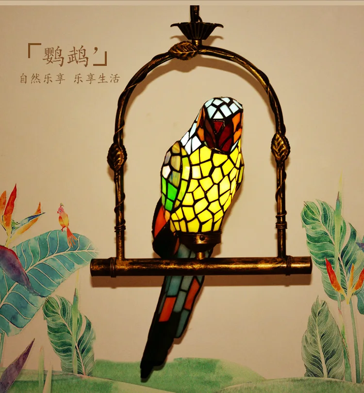 Stained Glass Parrot Bird Pendant Light Child Bedroom  Lamps Balcony Outdoor Home Decoration Kid's Room Lighting Creative Gift