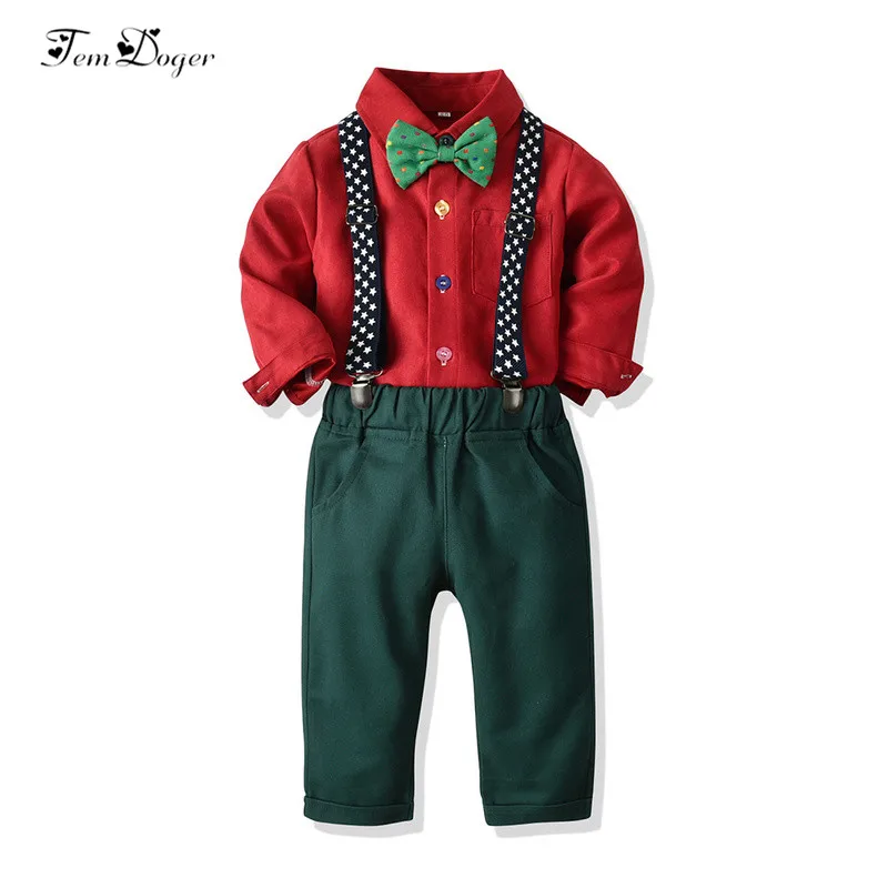 

Tem Doger Boy Clothing Sets Autumn Kids Boy Clothes Long Sleeve Tie Shirts+Overalls 2PCS Fashion Suit Baby Toddler Boy Outfits