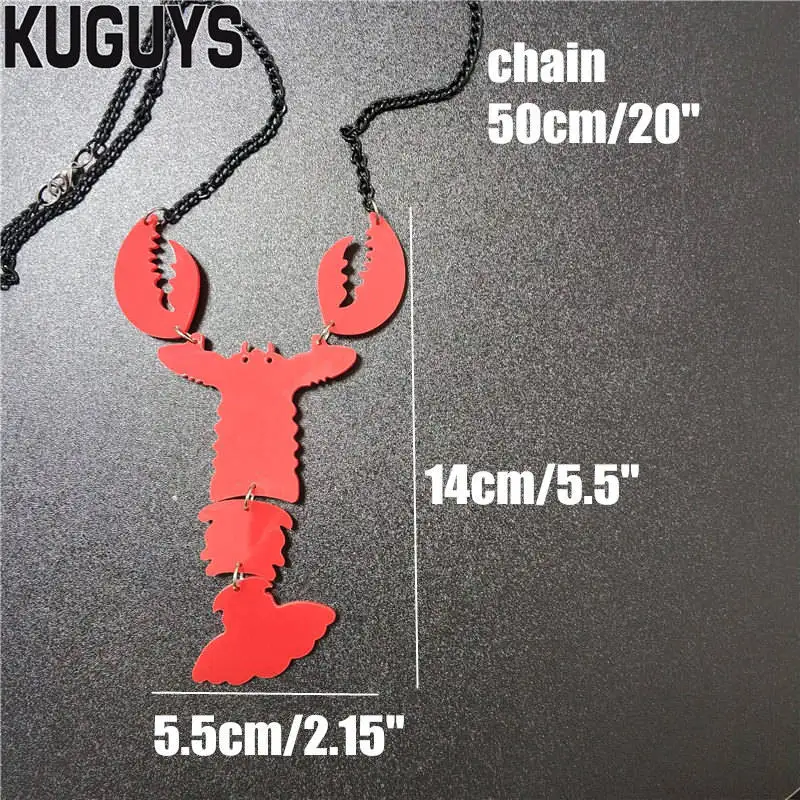 KUGUYS Red Lobster Big Pendant Necklace for Women Men Black Link Chain HipHop Rock Punk Funny Fashion Acrylic Long Jewelry