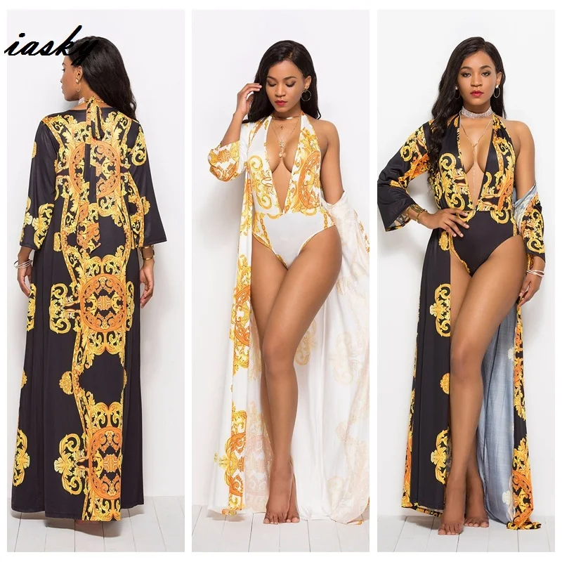 IASKY Retro print deep V neck one piece swimsuit+ beach cover ups set 2019 New sexy women swimwear bathing suit &cover up 2PCS/S