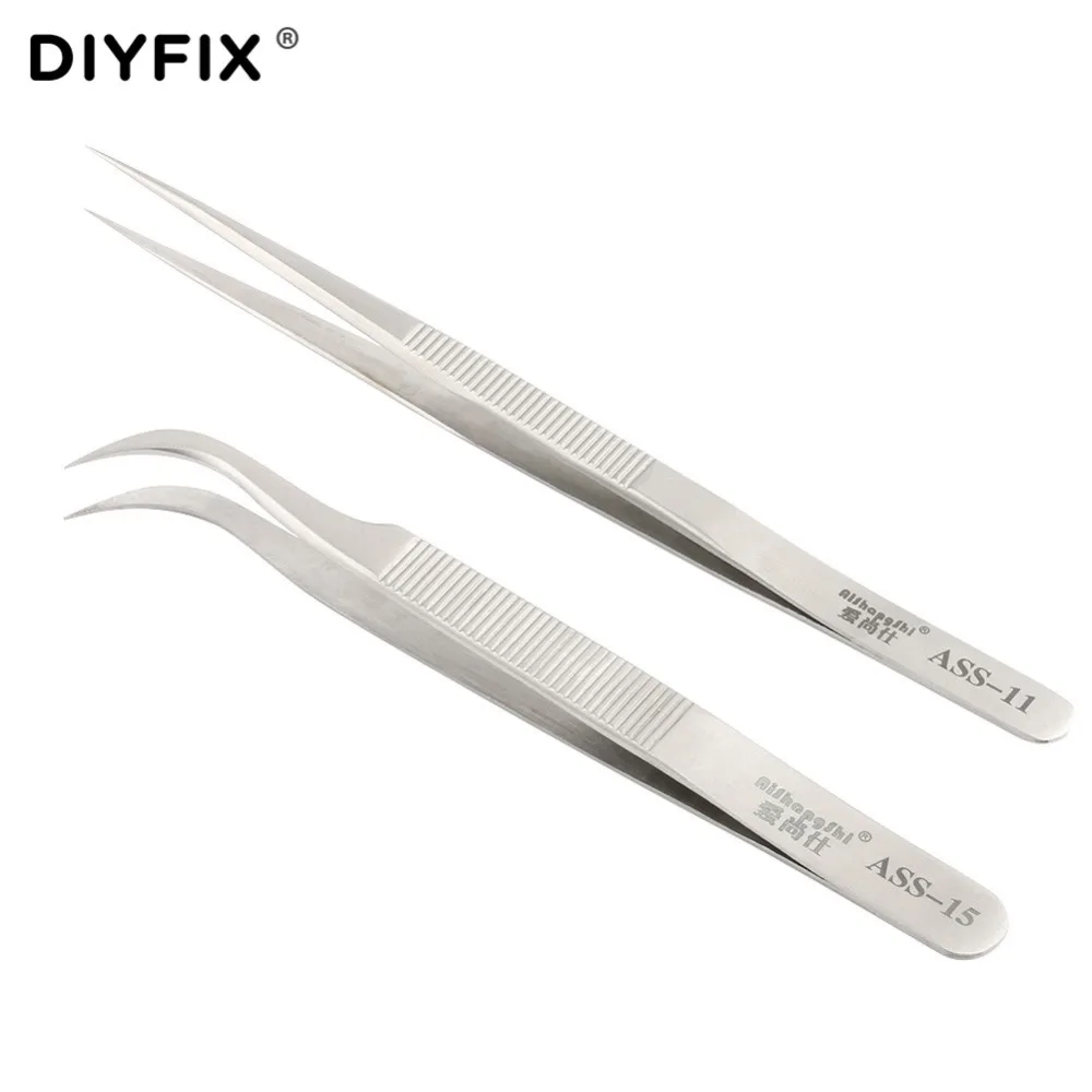 

DIYFIX Precision Electronics Tweezers Anti-static Curved Straight Tip Stainless Forceps Phone Repair Hand Tools Sets