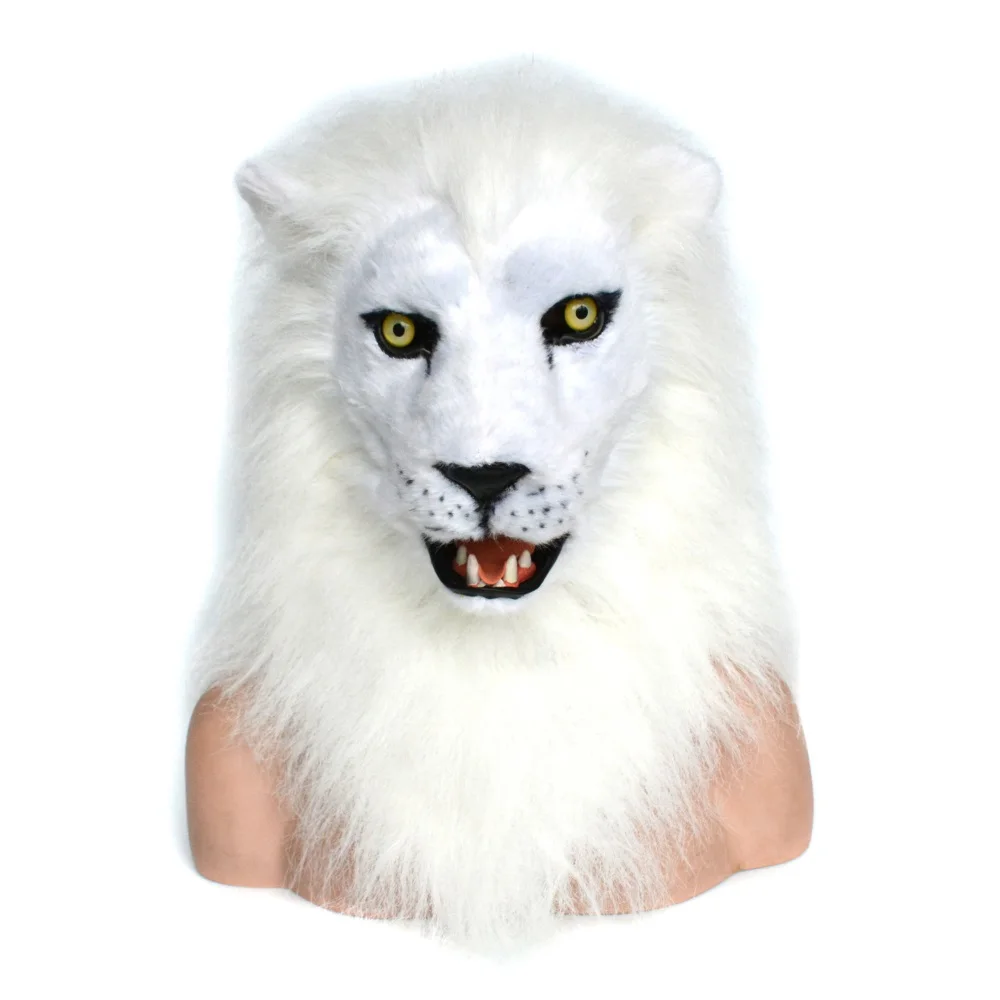 

White Lion moving mouth mask with fur decorated for Halloween and party fun