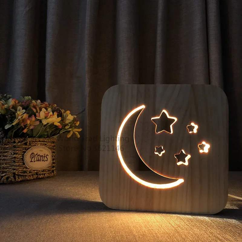 Luz Nocturna LED 3D de madera para Bebé y Niño, lámpara de Luna 3D, Luminaria de estrella, USB, regalos creativos de cumpleaños, decoración, regalos