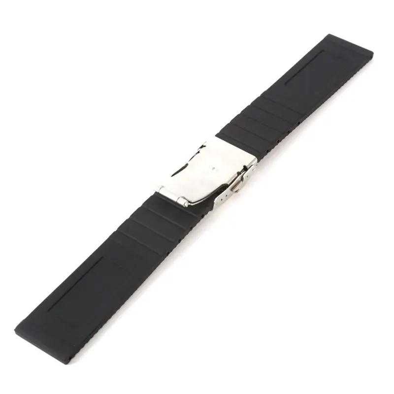 20 22 24mm Silicone Rubber Stainless Steel Double Click Folding Clasp Watch Band Strap Straight End Bracelet Black Watchband