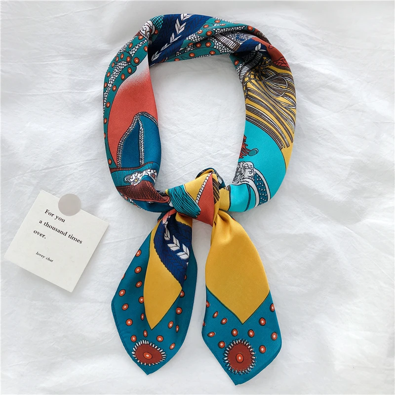 Luna&Dolphin Hairband Small Square Scarf 70x70cm Saddle Yellow Blue Chiffon Silk Neckchief Headbands Horse Paiting Retro Bandana