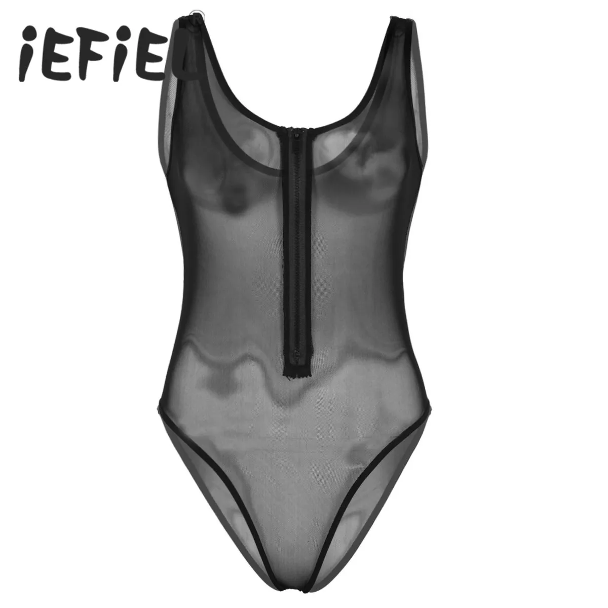 Sexy Women One-piece Bodysuit See Through Sheer Mesh Deep U-neck Sleeveless Front Zippered High Cut Teddy Babydoll Bodysuit