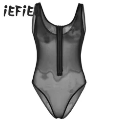 Sexy Women One-piece Bodysuit See Through Sheer Mesh Deep U-neck Sleeveless Front Zippered High Cut Teddy Babydoll Bodysuit
