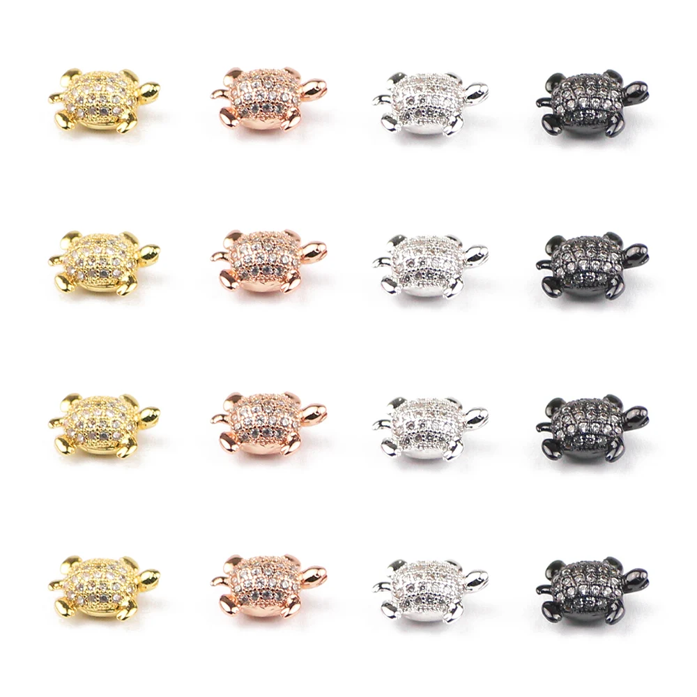 BTFBES 4pcs Tortois Copper Beads Micro Pave White Zircon little turtle Charms Spacer Loose Beads for Jewelry bracelet making DIY