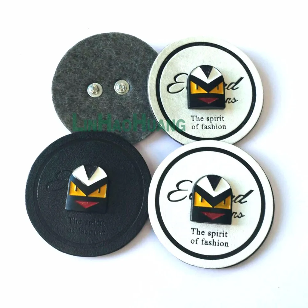 20pcs/lot black/white PU leather sew on Badges Fashion labels with metal logo clothing label for jeans/jacket 2017111002