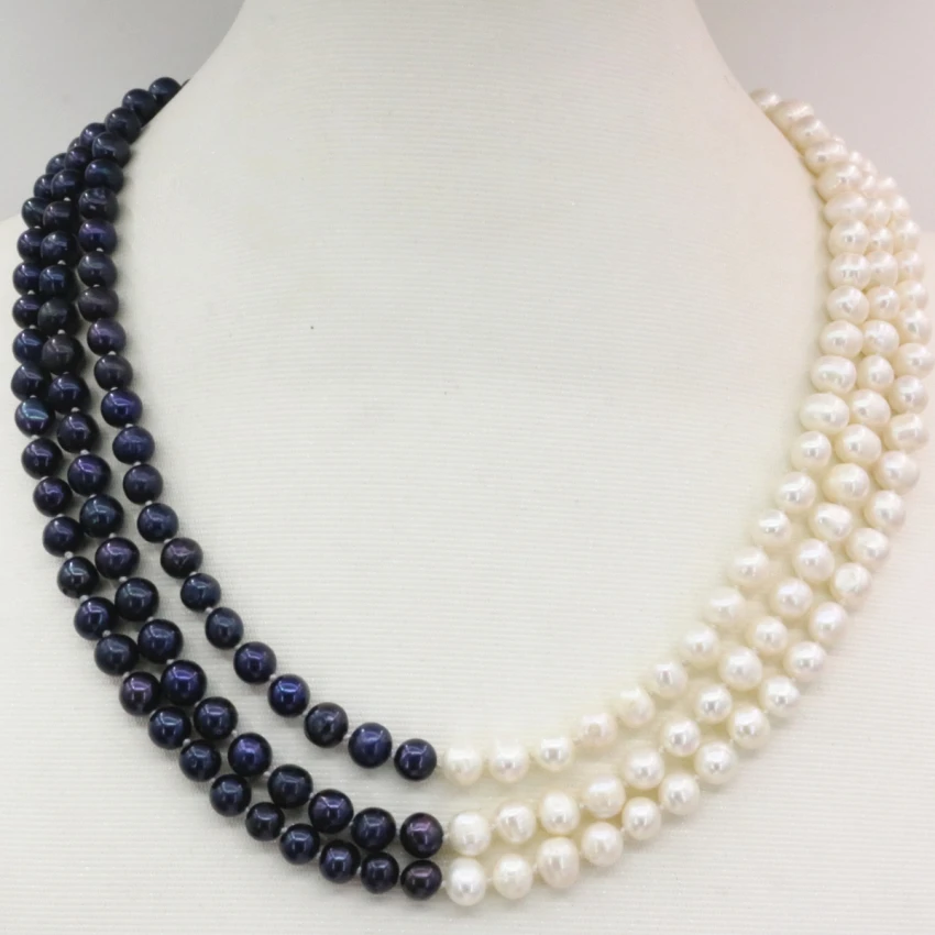 

Natural 7-8mm white black freshwater cultured nearround beads 3 rows necklace chain prom weddings fashion gifts 17-19inch B3238