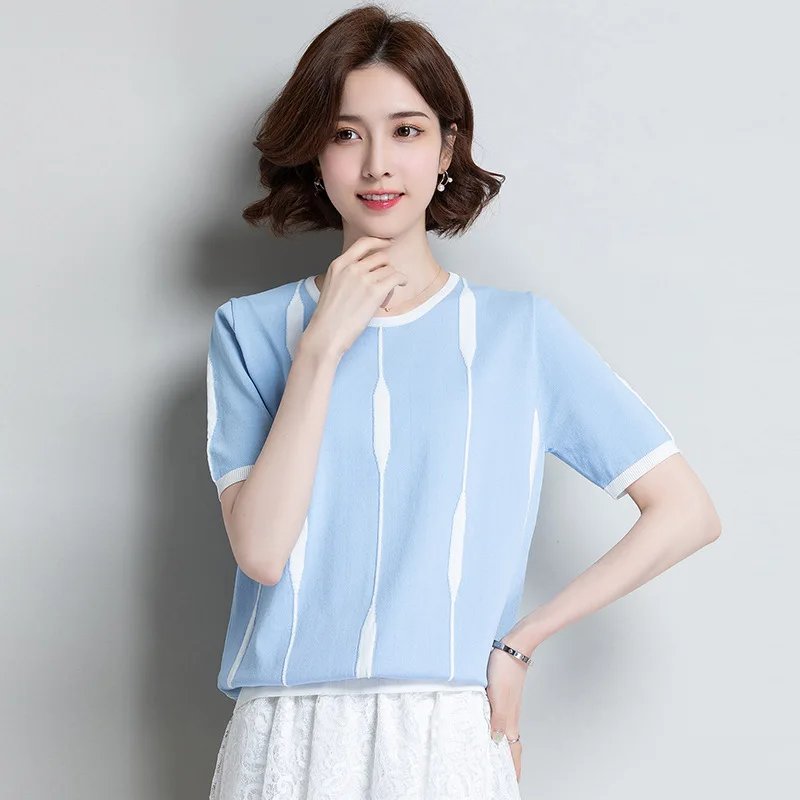 

Ice Silk Knitted T-shirt Women's Short Sleeve Round Collar Korean Top Wear Female Casual Loose Fashion T-shirts Clothing H7216