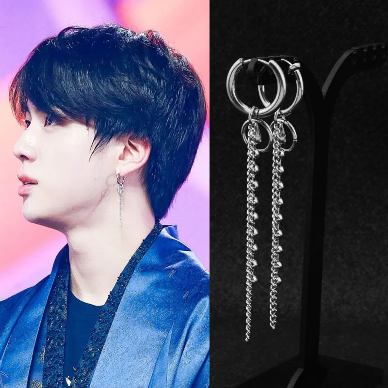 KPOP men Threader Earrings- stainless steel chain drop pendan-minimalist earring-Circle chain stud Earring-Bar chain earring men