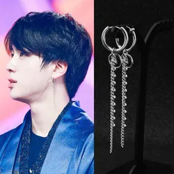 KPOP men Threader Earrings- stainless steel chain drop pendan-minimalist earring-Circle chain stud Earring-Bar chain earring men
