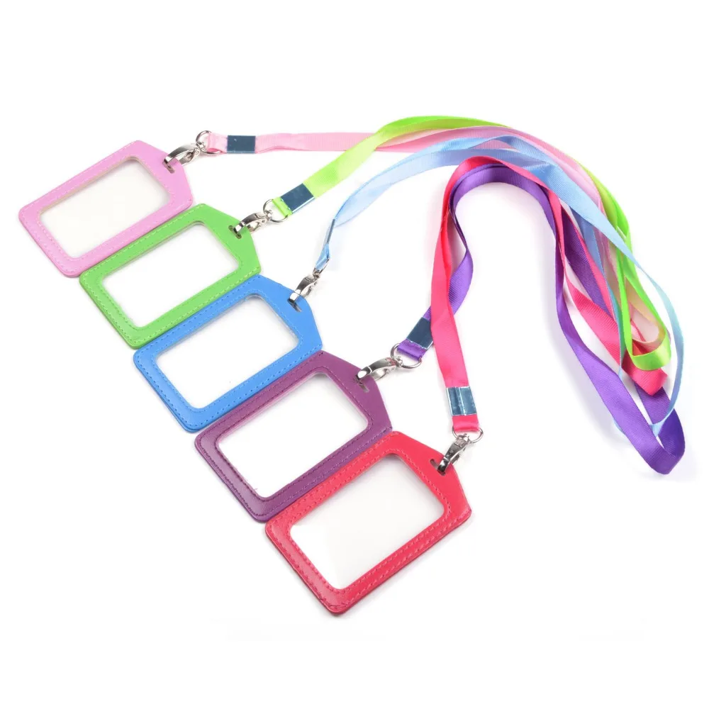 5 Pcs Assorted colors Faux Leather Business Id Credit Card Badge Holder Clear Pouch Case with Long Neck Strap Band Lanyard