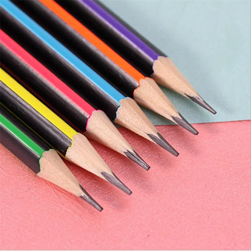 12PCS=1Box Colorful Stripe Pencil Triangle Lead-free Poison With Rubber Pencils Correction Grip Posture For Office School Gifts