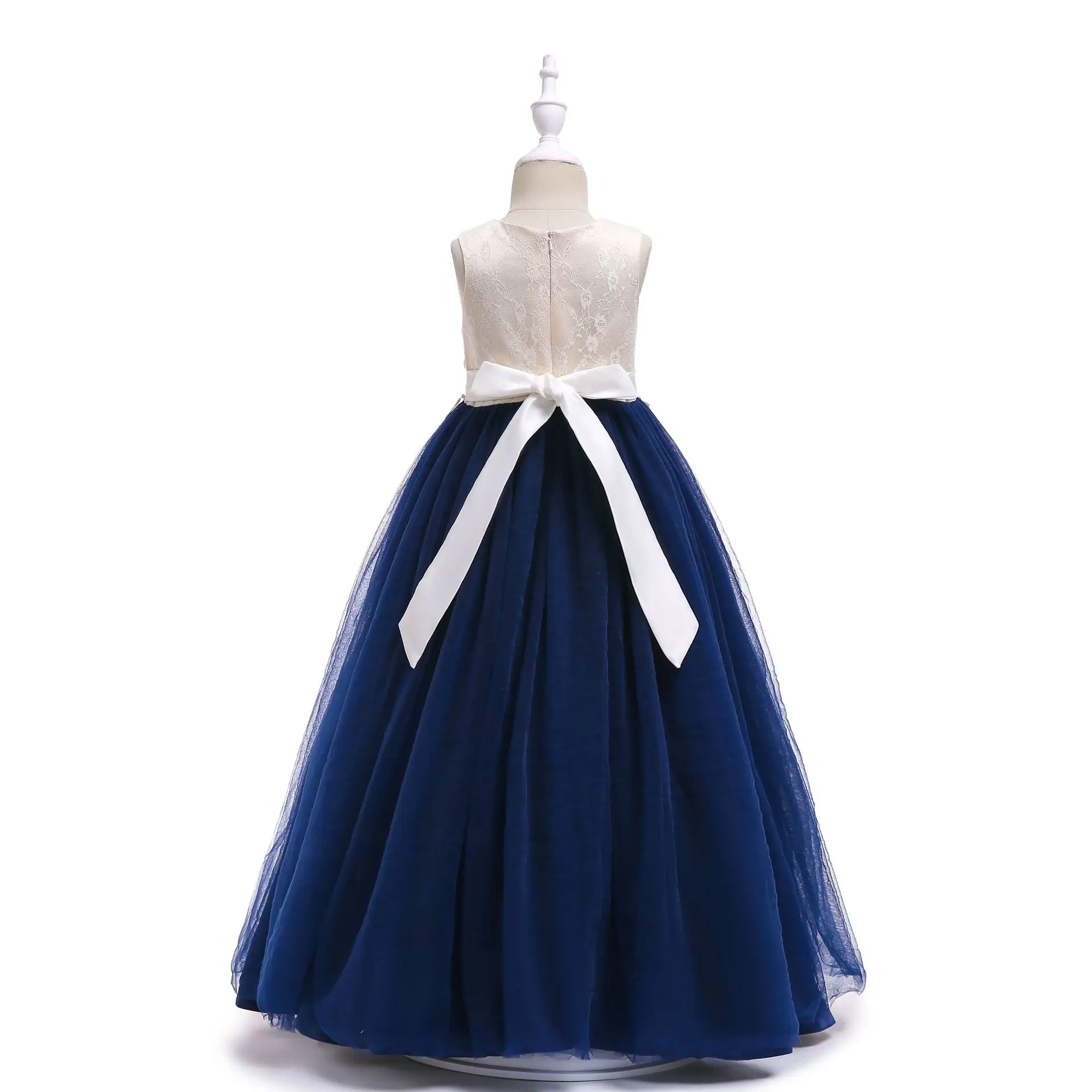 Long Flower Girls Wedding Dress Elegant Beach Navy Blue Vestido De Festa Longo 4 6 8 10 12 14 Years Old Girls Clothes 184062