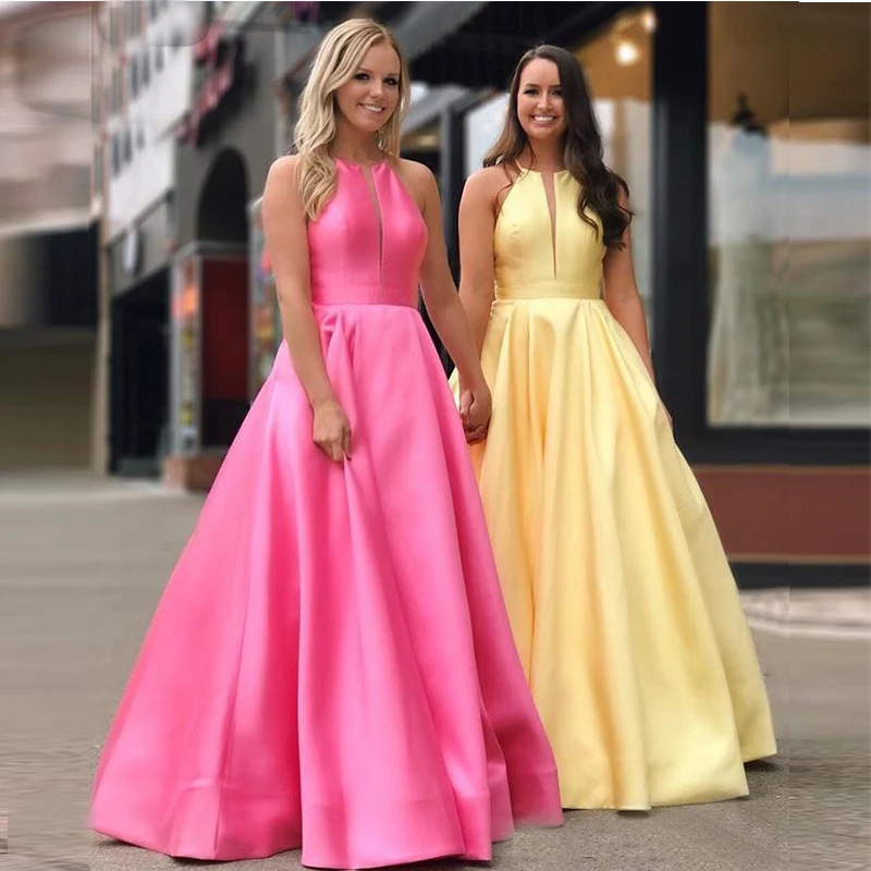 2019 rosa amarelo cetim longo vestidos de baile a linha formal vestidos de festa profunda o-pescoço especial ocasião vestidos de baile